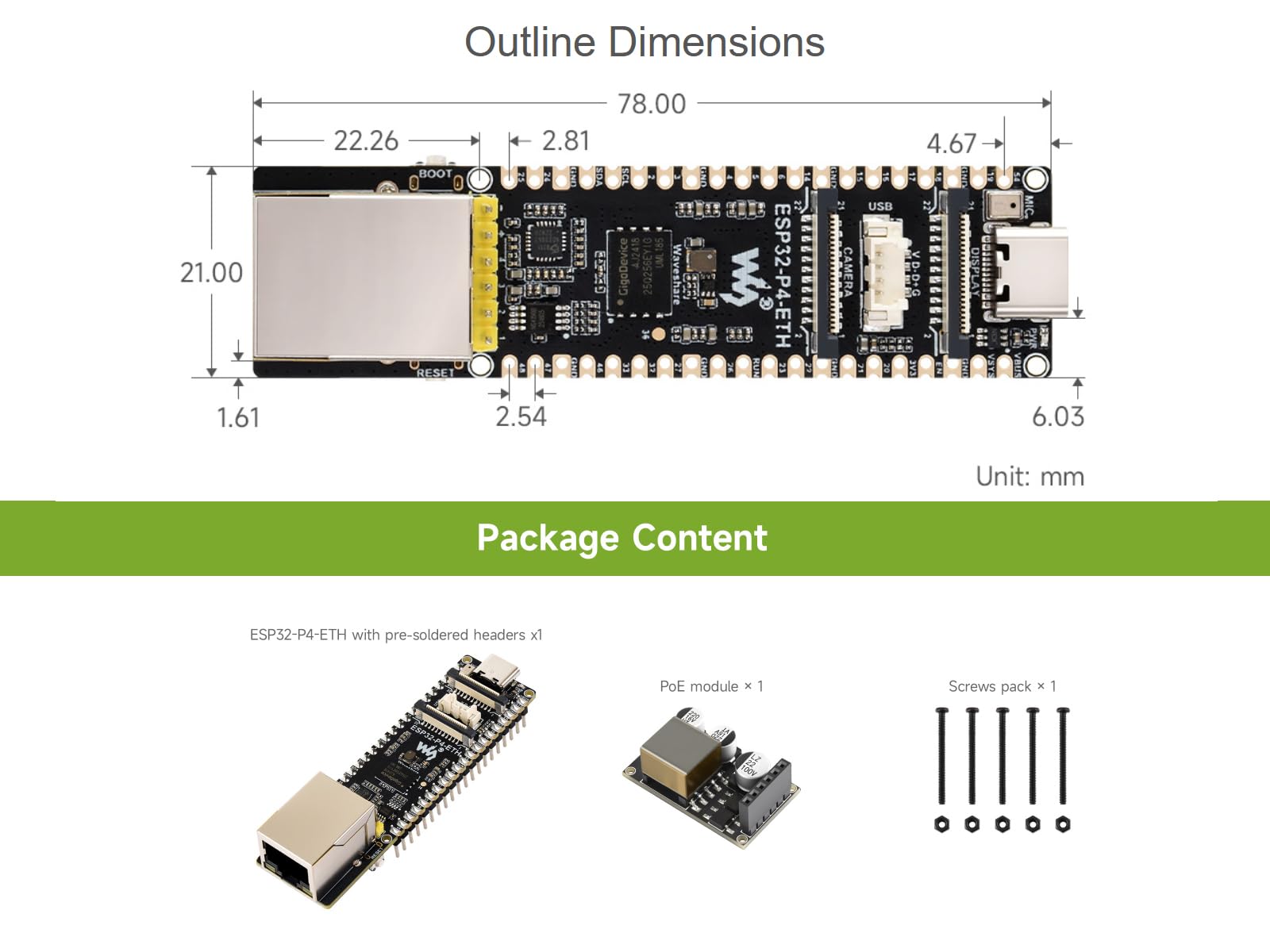 ESP32-P4 POE ETH płytka rozwojowa oparta na chipie ESP32-P4, z modułem PoE, wbudowanym portem Ethernet, MIPI-CSI/DSI, mikrofonem, nagłówkiem głośnika, USB 2.0 itp. Obsługuje zasilanie PoE i USB-C