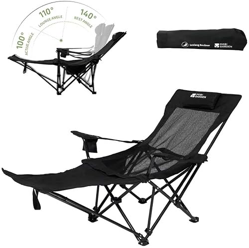 Miniatura 12 de MOBI GARDEN Silla de camping reclinable con reposapiés, silla plegable ajustable de 4 posiciones para adultos, reposapiés portátil y desmontable,
