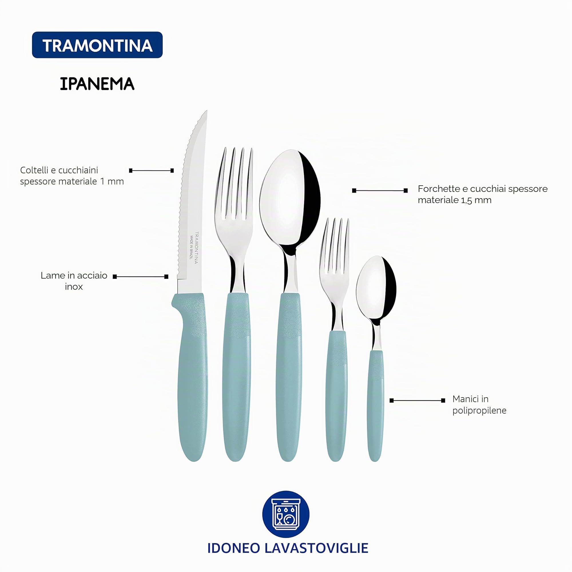 Set di posate Tramontina Ipanema da 30 pezzi con lame in acciaio inossidabile e manici in polipropilene color menta e contenitore in plastica