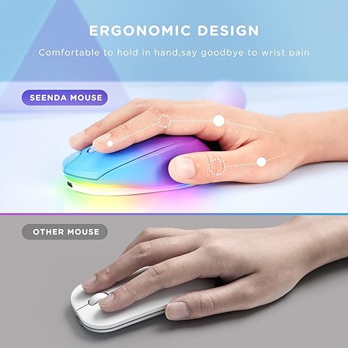 Miniatura 4 de seenda Ratón inalámbrico, mouse recargable con luz para laptop, pequeños ratones inalámbricos con luces LED de arco iris silenciosas para PC,