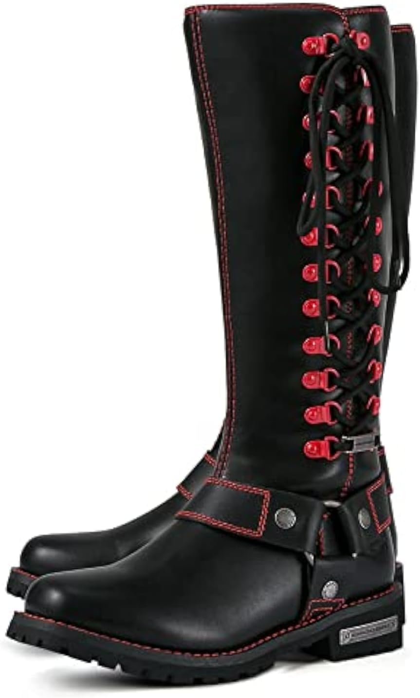 Motorcycle Boots for Women with Full Size Zipper & Lace Details, Black Motorcycle Riding Boots for Ladies with Heel, Classic Harness Design, Mid Calf
