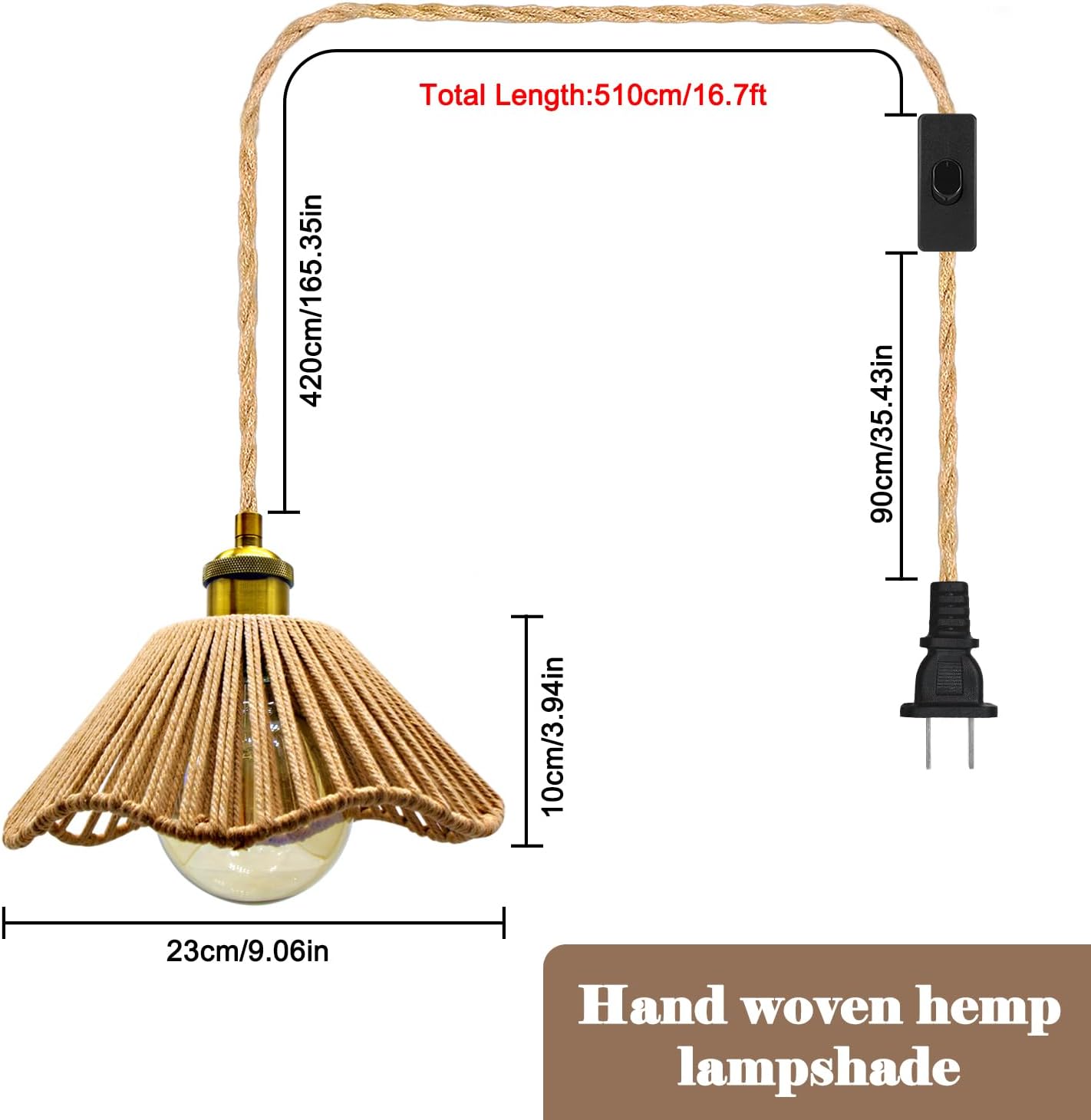 Plug in Pendant Light, E26/E27 Socket Hanging Lights, Hand Woven Hemp Rope Shade 16.7ft Cable with Switch and Plug Bohemian Hanging Light Fixture Vintage Rustic Chandelier (No Bulb)