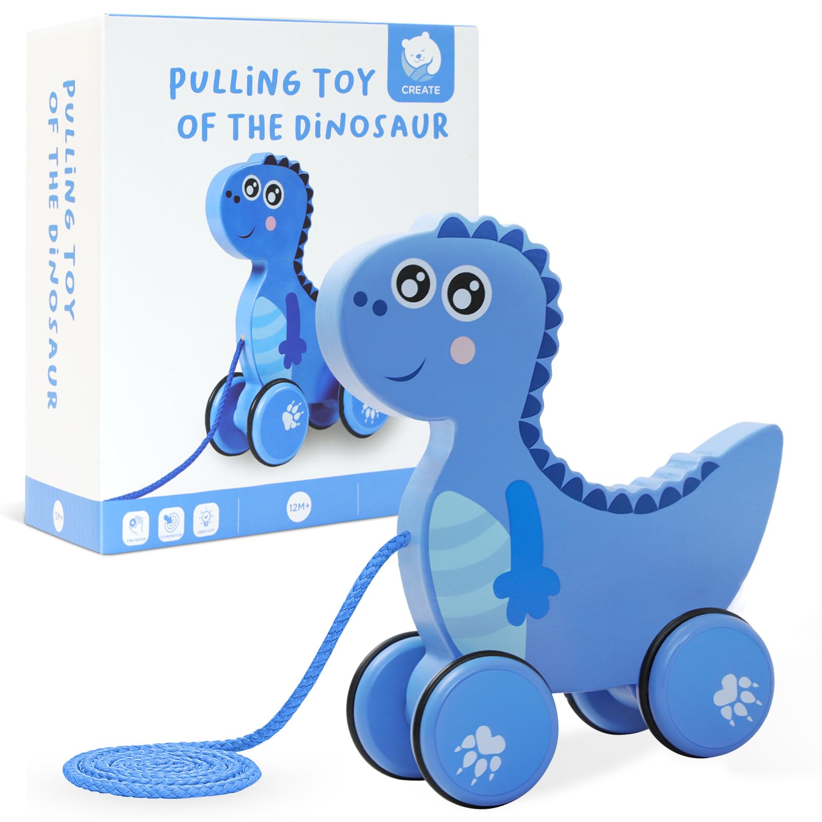 HOTUT Push and Pull Along Wooden Toy, Wooden Pull Along Dinosaur Toys for 1 year old, Pull Along Toy for Toddlers, Educational Toys for Baby, Early Development & Learning Toys, Gifts for Baby Girl Boy