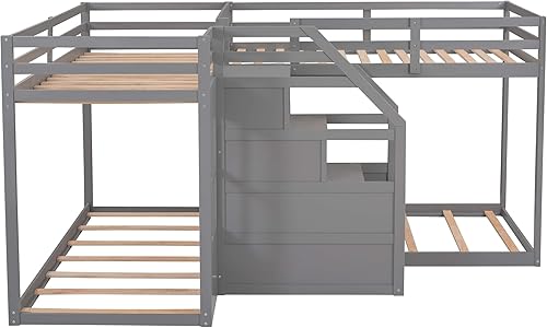 Miniatura 7 de Litera en forma de L para 4 personas escalera individual sobre cama individual con escalera de almacenamiento para niños adolescentes y adultos