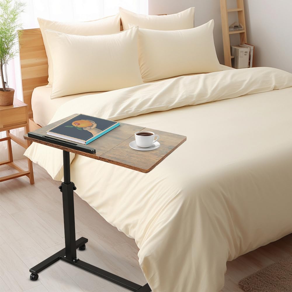 LANTUS Bureau d'Ordinateur, Table de Bureau, Bout de canapé avec 4 roulettes Verrouillables Table de Lit, Idéal pour Lit et Fauteuil, Plateau,60 x 34,5 x 58/90 cm (Cerisier)