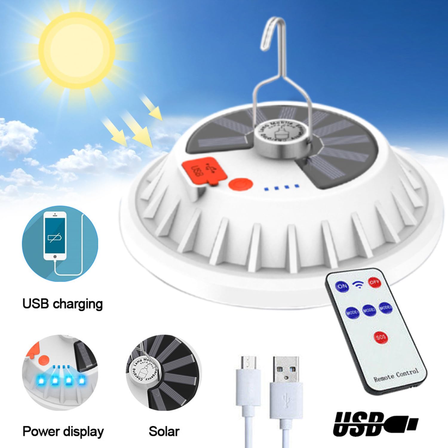 120 diod LED Solarna lampa kempingowa z pilotem, ładowalna wisząca latarnia namiotowa USB, bardzo jasna, do awaryjnej przerwy w dostawie prądu w baldachimie