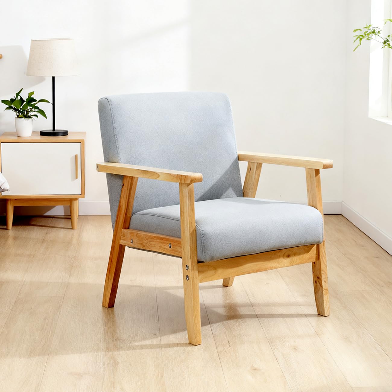 Accent Living Room Armchair, Midcentury Leisure Chair with Thick Pad, Lounge Single Sofa Reading Arm Chairs for Bedroom Home Office, Upholstered Comfy Tub Chair with Wood Frame (Light Grey Set of 1)