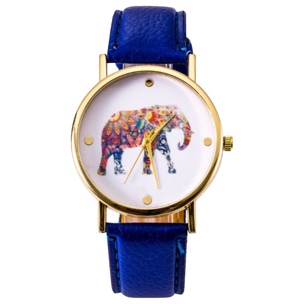 BluelansFashion Women's Quartz Wrist Watch with Coloful Elephant Decor Dial and Faux Leather Strap
