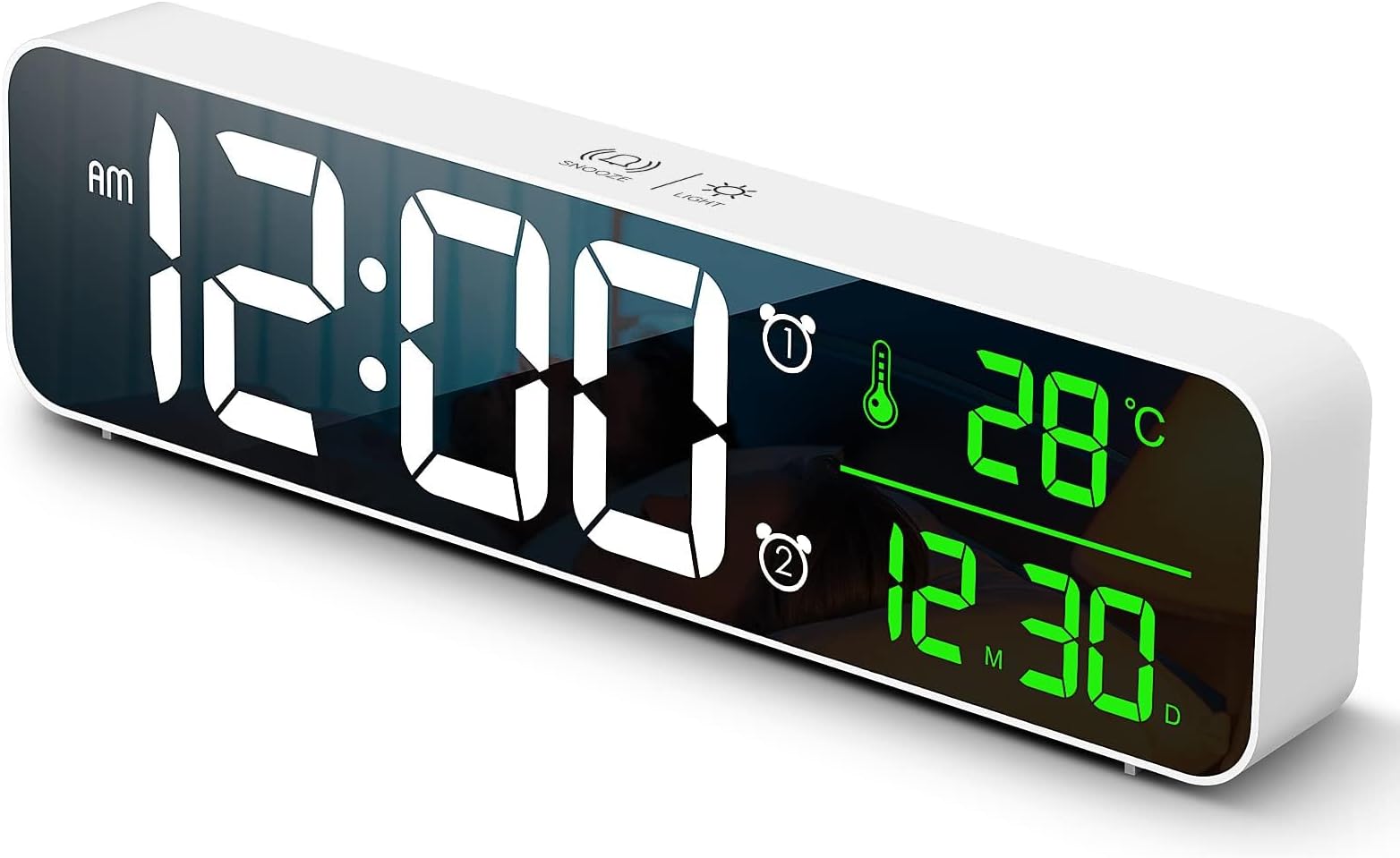 TERRIFI Digital Clock Large Display - LED Electric Alarm Clock for Bedrooms - Date & Temperature Display - Automatic Brightness Dimmer - Stylish and Simple - White