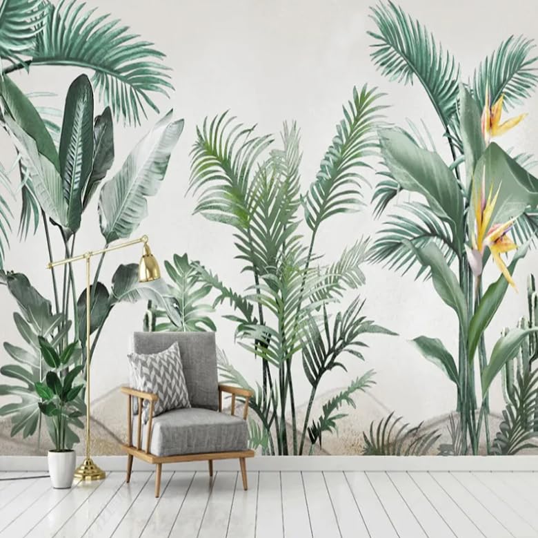Papier peint plantes 3D pour créer une ambiance jungle derrière le canapé