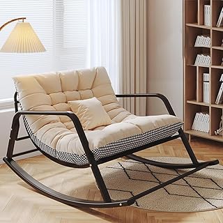 Mecedora acolchada para exteriores, para patio, uso interior y exterior, cómoda reclinable con cojines, perfecta para sala de estar, guardería, porche, jardín, patio trasero, pata de gallo blanca