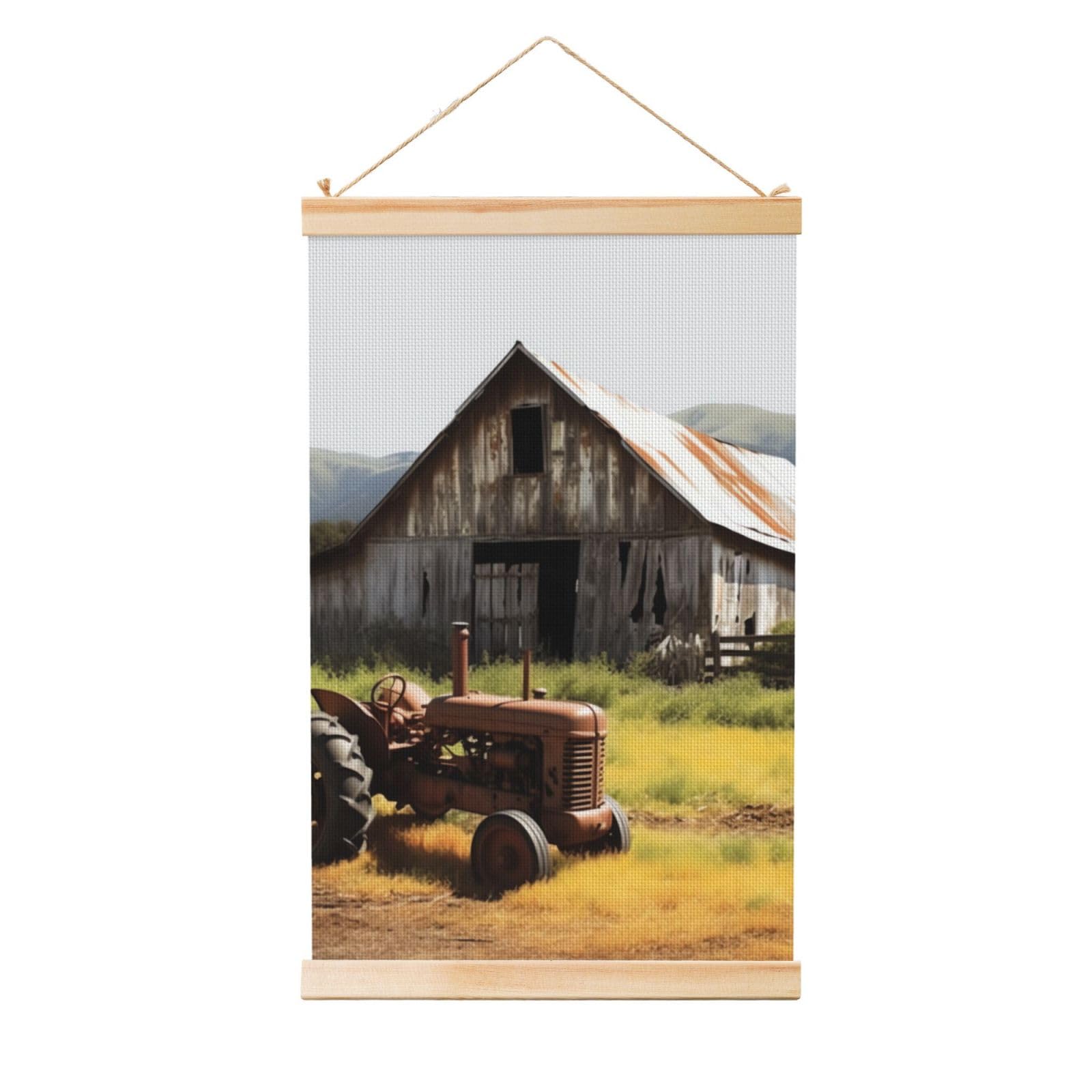 Old Wooden Barn with Rusted Tractor Posters Wooden Shaft Hanging Poster Canvas Prints Scroll Wall Art Painting Vintage Wall Banner Modern Artwork Decor for Home Decor Ready to Hang 20"x30"