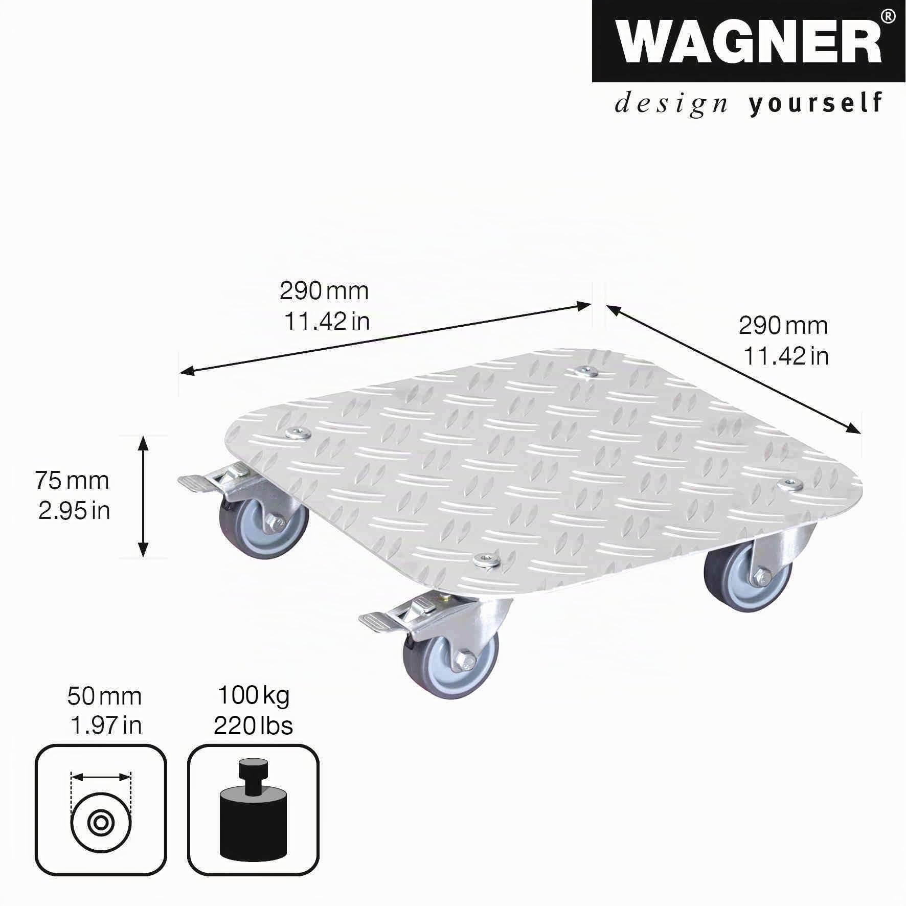 WAGNER Pflanzenroller Alaska 29 x 29 x 7,5 cm I Blumenroller für Außenbereich + Innenbereich I Kübelroller aus Aluminium Riffelblech I 2 Total-Feststeller I Tragkraft 100 kg I Made in DE- 20700301