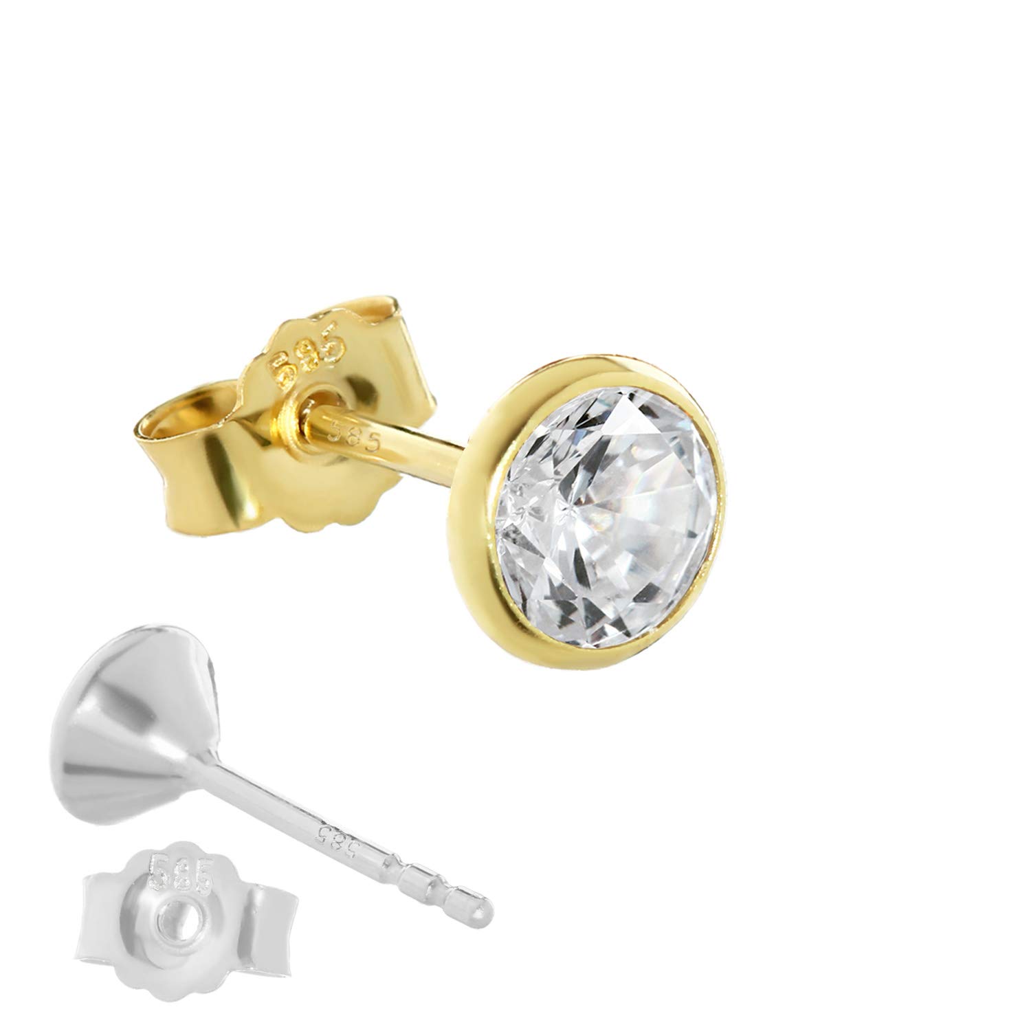 NKlaus Einzel Ohrstecker Gold 585 – 5,5mm Ohrring mit Cubic Kristall Zirkonia – echt Gold Schmuck Herren, Damen, & Kinder – Gelbgold – 14 Karat – 1 Stück - 1748