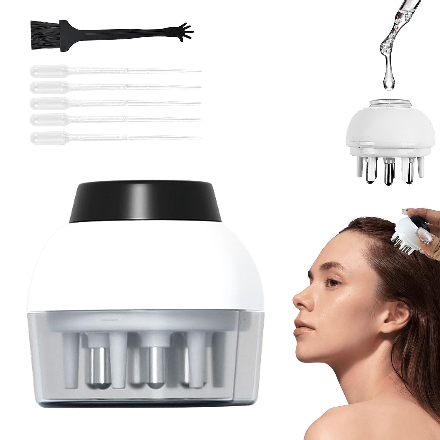 Cepillo Masajeador Cuero Cabelludo y Aplicador Aceite Cabello 2 en 1, 6 Pines Bola Enrollable Peine Masajeado, para Tratamiento Cabello Medicina Cuidado del Cabello Suero de Aceite Esencial (Blanco)