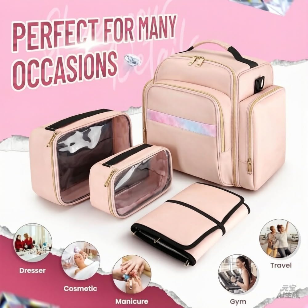Mochila de maquillaje de viaje, rosa, con 5 fundas extraíbles, bolsas grandes y pequeñas, organizador de joyas, 33 x 31 x 22 cm