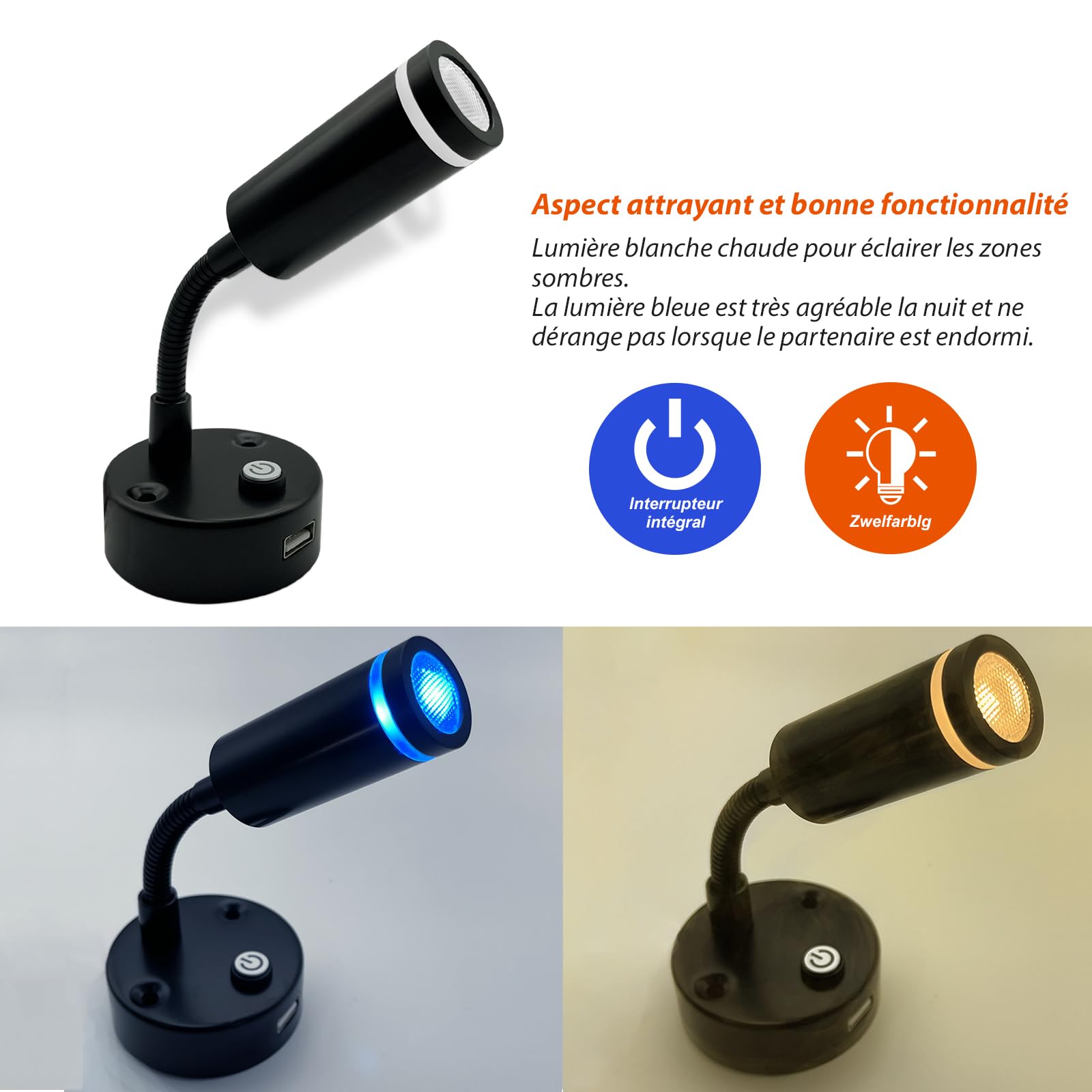 Dream Lighting Liseuse LED 12v avec USB, Applique LED Bicolore 2W Blanc Chaud Dimmable 3000K et Bleu, Spot 12V LED pour Camping Car Bateau Caravane Lot de 2