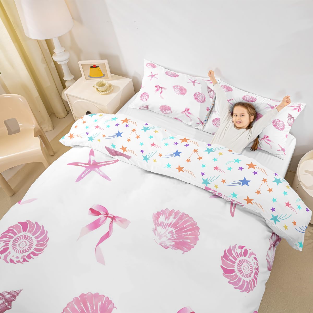 Homewish Set di biancheria da letto per letto super king size, motivo: vita marina costiera, con fiocco, conchiglie, stelle marine, per bambini, donne, ragazze, set di biancheria da letto subacquea