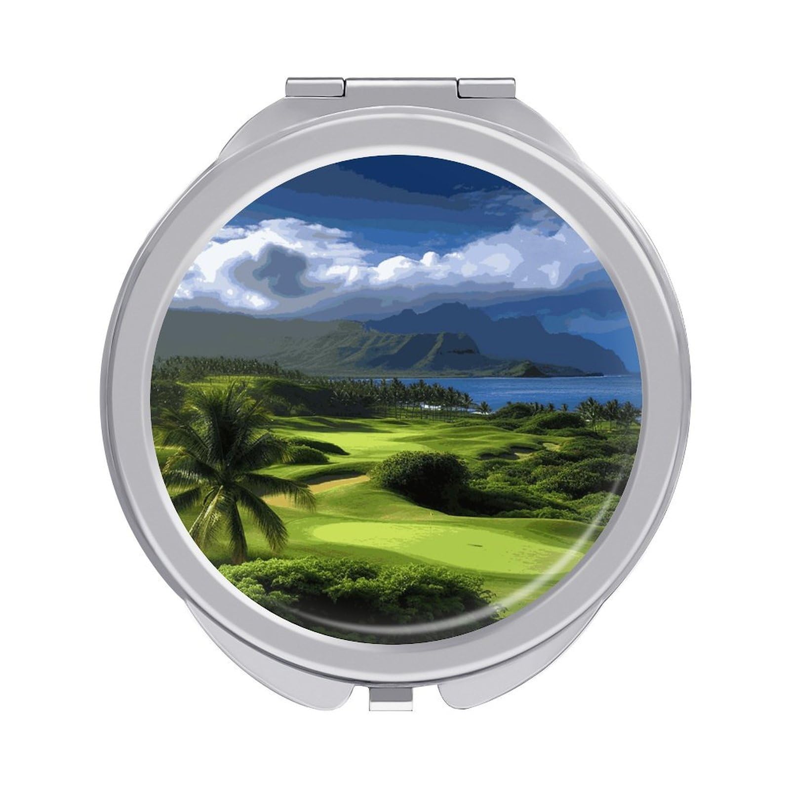 FekiLoot Scenic Hawaii Golf Tropical Makeup Mirror Compact Round Travel Makeup Mirror Portable Folding Handheld Pocket Mirrors for Handbag and Purses Gift Mini Mirrors