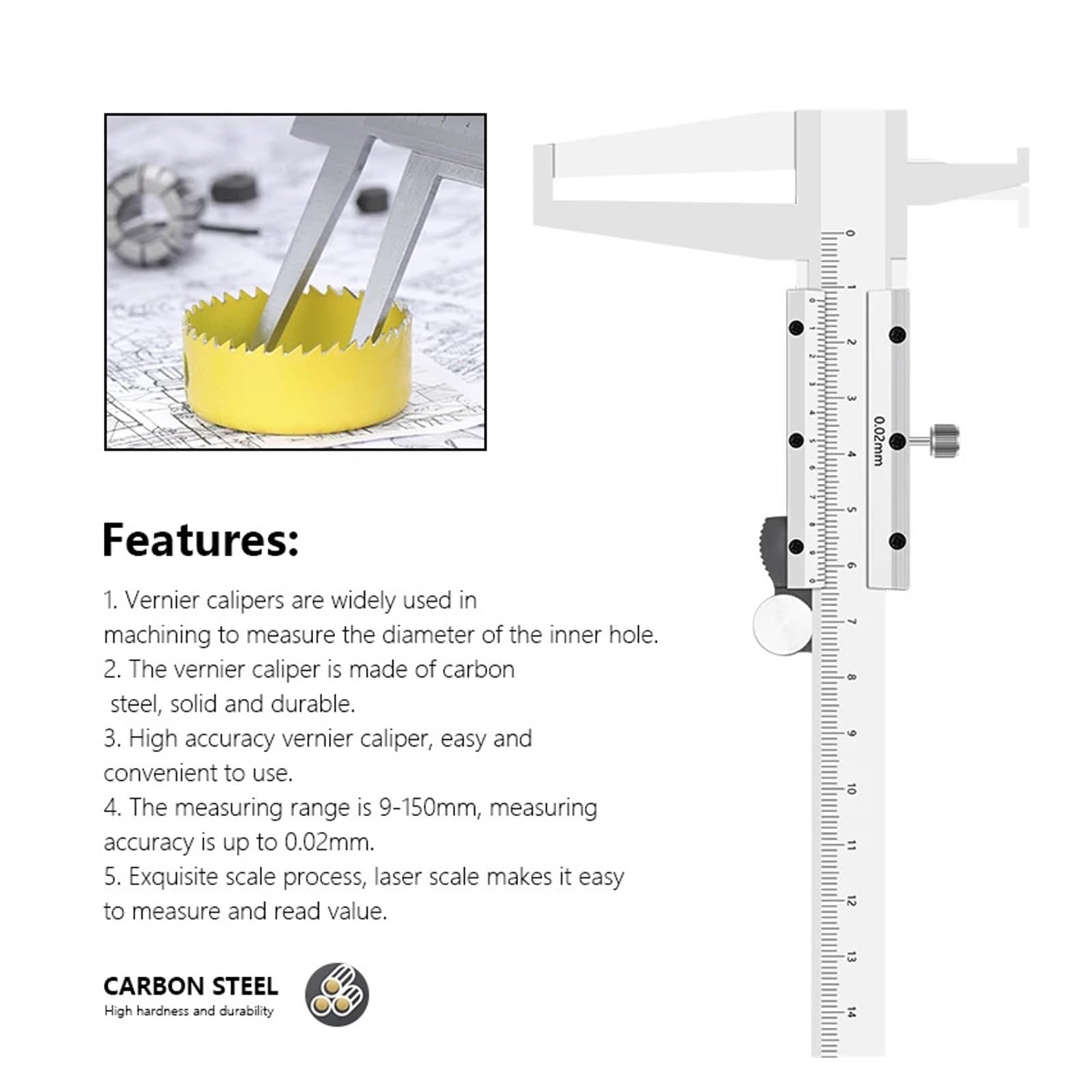 Calibrador Vernier De Ranura Interior Precisión 9-150mm/0,02, Herramientas Medición Calibre Interno 2 Garras Acero Inoxidable NíTido Y FáCil De Leer