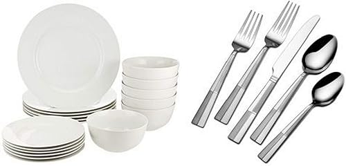 Amazon Basics Juego de vajilla de 18 piezas, servicio para 6 y cubiertos internacionales de acero inoxidable 18/0 Silver Arabesque Frost 18/0, juego