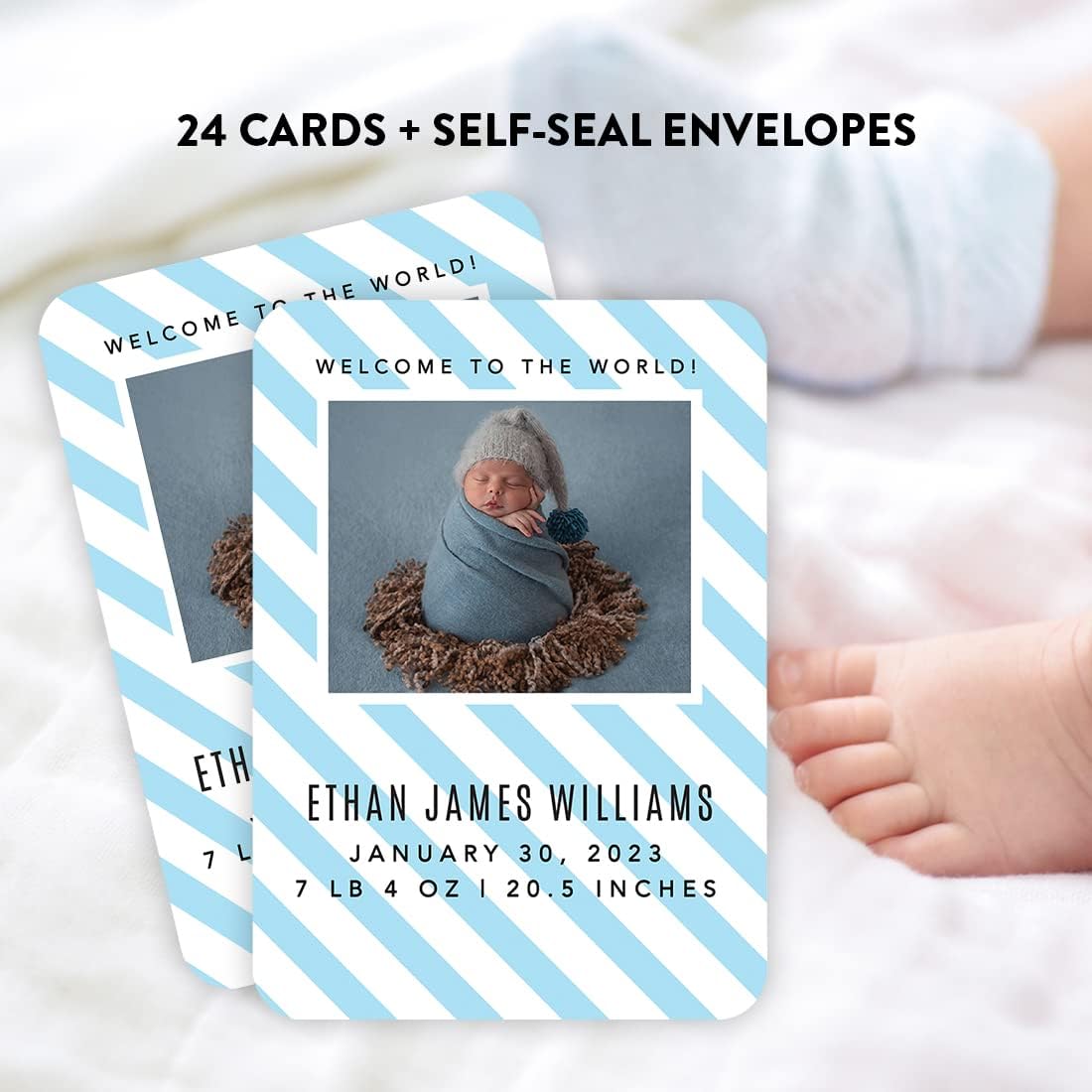 Andaz Press 24-Pack Personalized 5x7-Inch Baby Blue Striped Custom Baby Birth Announcement Cards with Envelopes