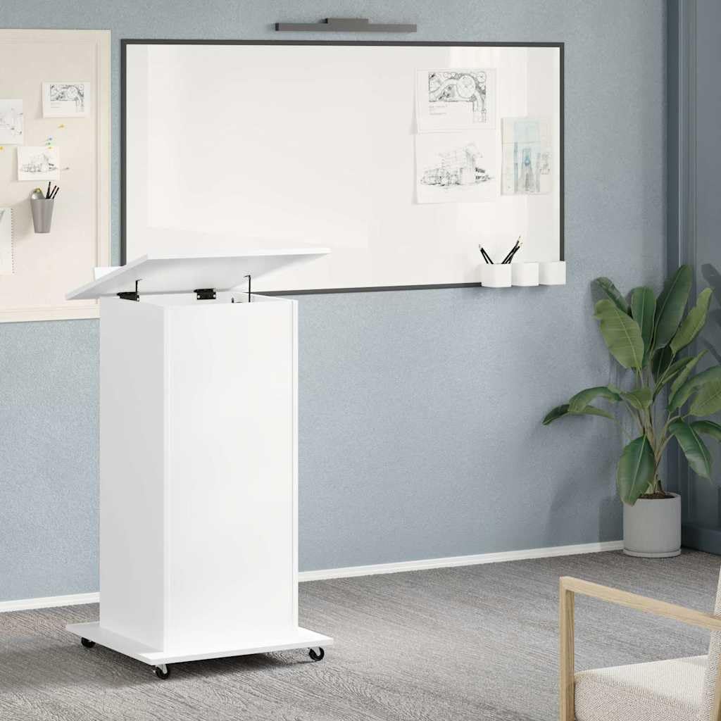 Rednerpult Weiß aus Holzwerkstoff mit neigbarer Oberplatte 55x55x107 cm, Rollen mit Feststellfunktion, Schublade und Stauraum für Büro, Präsentation und Heimarbeit