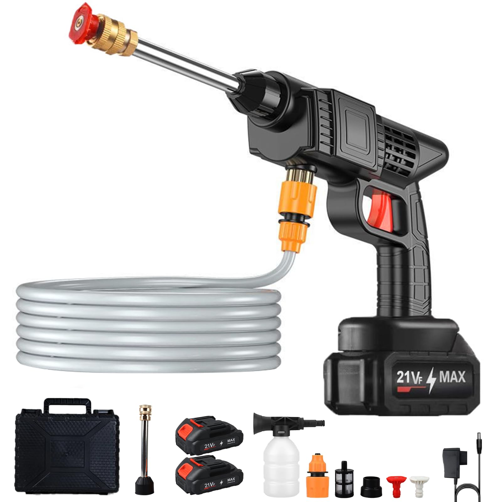 Cordless Pressure Washer, 21V Portable Power Washer with 2 Battery & 16.4FT Hose High Power Washer Machine, Jet Wash Tool Adjustable Nozzle for Garden, Car, Patio, Floor Cleaning, Watering Plants (5m)