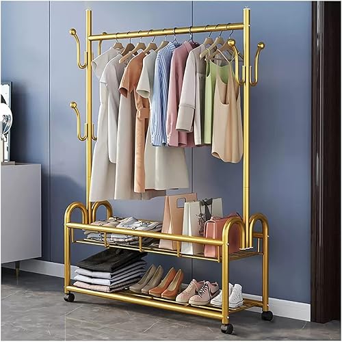 KARMIO Perchero dorado con ruedas para ropa independiente con 2 estantes inferiores, perchero de metal, 6 ganchos para dormitorio y exhibición al
