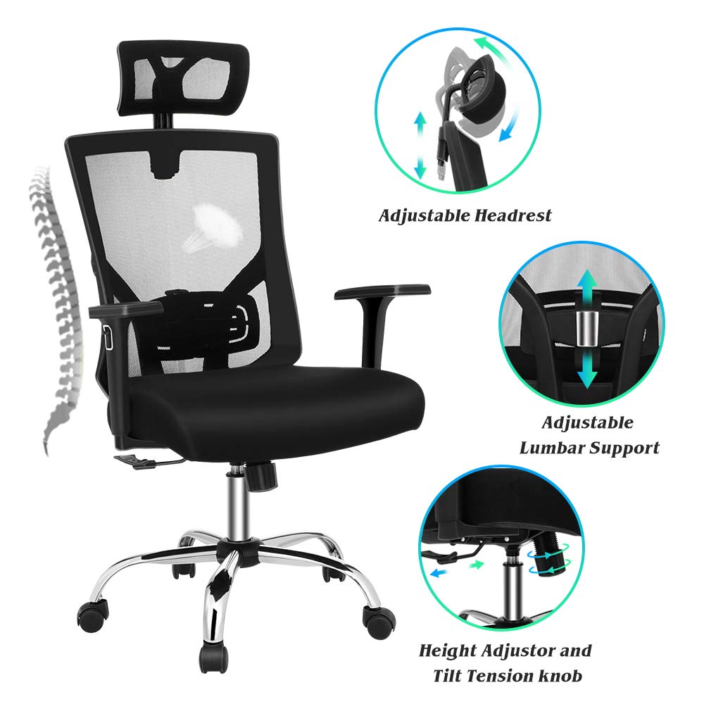 VANSPACE Ergonomic Office Chair,High Back Mesh Chair, Executive Swivel Computer Chair Desk Chair with Adjustable Headrest, Armrest, Lumbar Support and Thick Seat Cushion 330lb