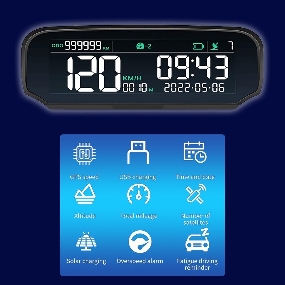 Pantalla frontal GPS alimentada por energía solar con carga USB | Velocímetro digital Altitud Odómetro para todos los coches | Proyector HUD de brillo automático con fatiga