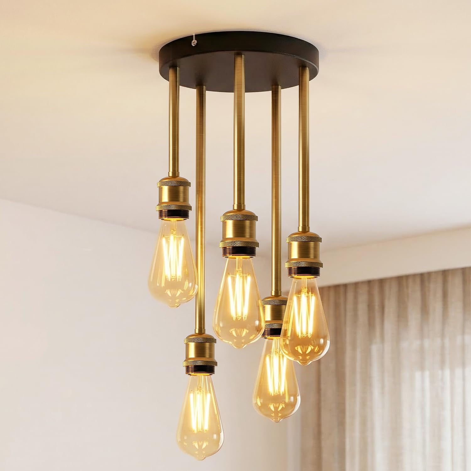 ANWIO Vintage Ceiling Pendant Light Fitting,5 Way Industrial Black Kitchen Light Fittings with E27 Lamp Holder,Hallway Drop Lights for Kitchen Island Dining Table Bedroom Living Room (NO Bulbs)