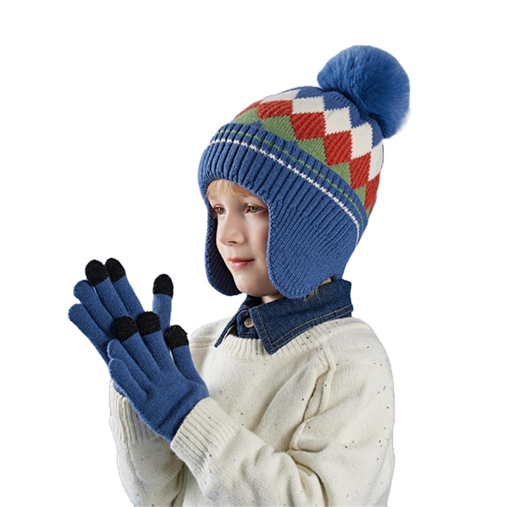 Kid's 2 Pieces Hat Gloves Coloured Knitted Diamond-Shaped Dented Wool Touchscreen Winter Warm for Boys(Blue,M)