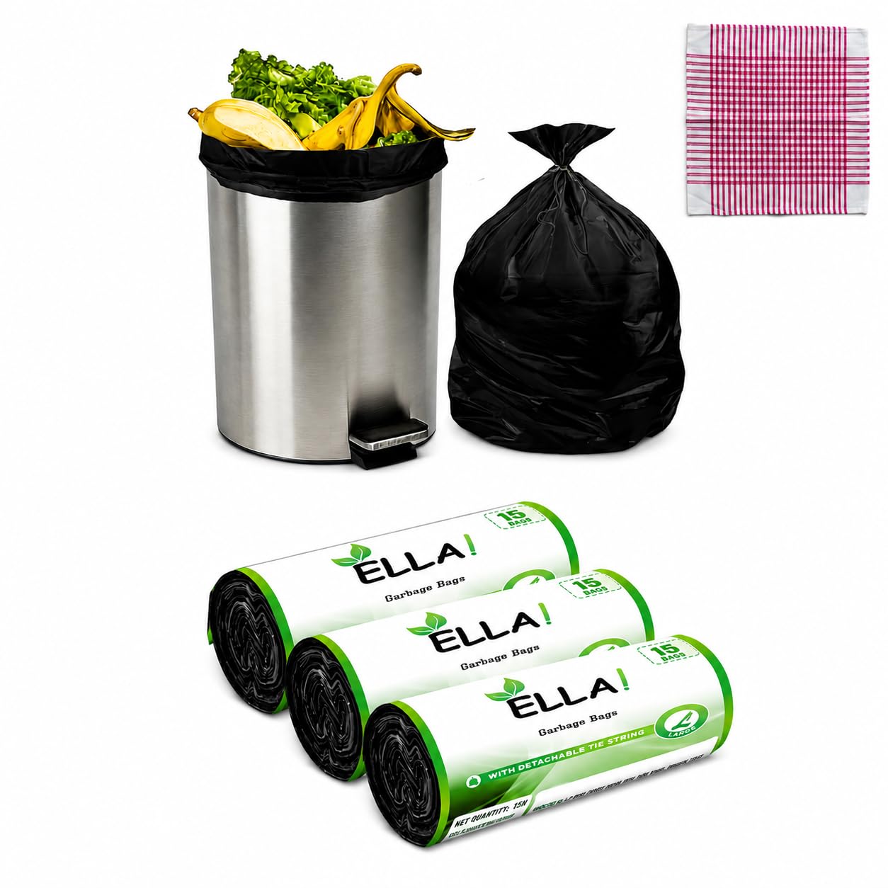 ELLA Garbage Bags 24 x 32 Inches Large Size 45 Bags 3 Rolls Black Color Leak Proof Dustbin Covers for Home Kitchen Bathroom Office and Daily Waste Disposal Use With Check Duster Cloth Free