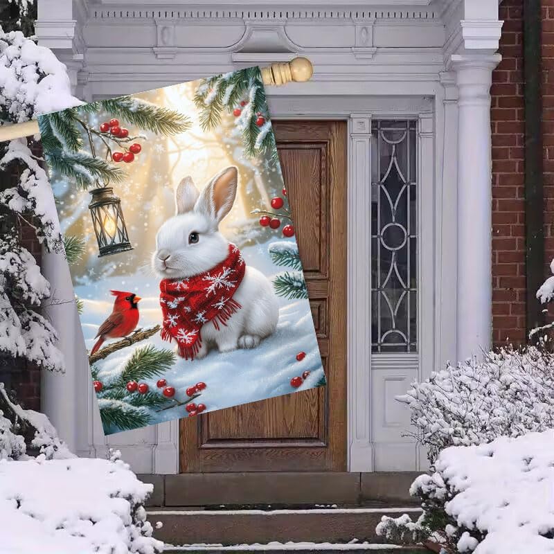 Large Winter Christmas Rabbit Snow House Flags 28 x 40 Double Sided, Merry Christmas Outdoor Flag Decor for Farmhouse Winter Xmas Holiday Decorations - Image 2