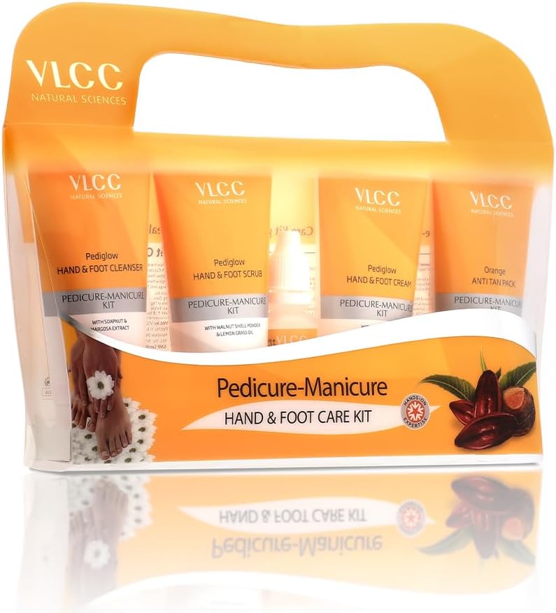 VLCC Pedicure - Manicure Hand & Foot Kit - 150g + 60ml | Removes Dirt, Impurities & Dead Skin Cells | Softens & Nourishes Hands & Feet | Combo of Oil, Cleanser, Scrub, Cream, Anti-Tan Pack