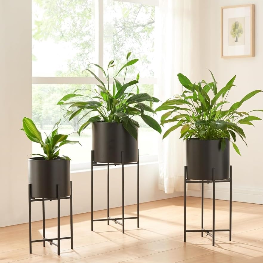 PRIME KRAFTS Set of 3 Modern Metal Planters with Stand for Indoor Outdoor | Metal Plant Stand Flower Pot for Living Room and Balcony Decor (Black) (B0DBGLTKT4) Amazon Price History, Amazon Price Tracker