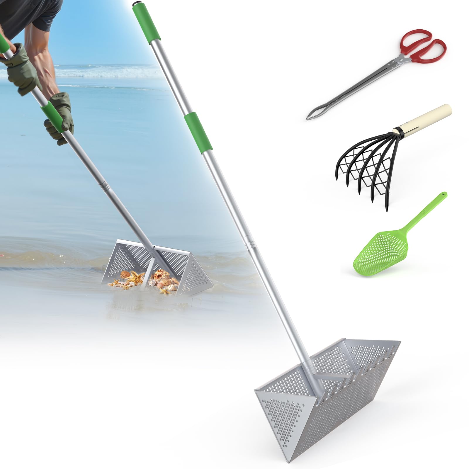 Evcitn Sand Flea Rake for Beach, Shark Tooth Sifter 16 Inch Aluminum Beach Sifter with Long Handle, Professional Shelling Tool Set for Shark Teeth, Seashells & Sand Fleas, Includes Sand Scoop