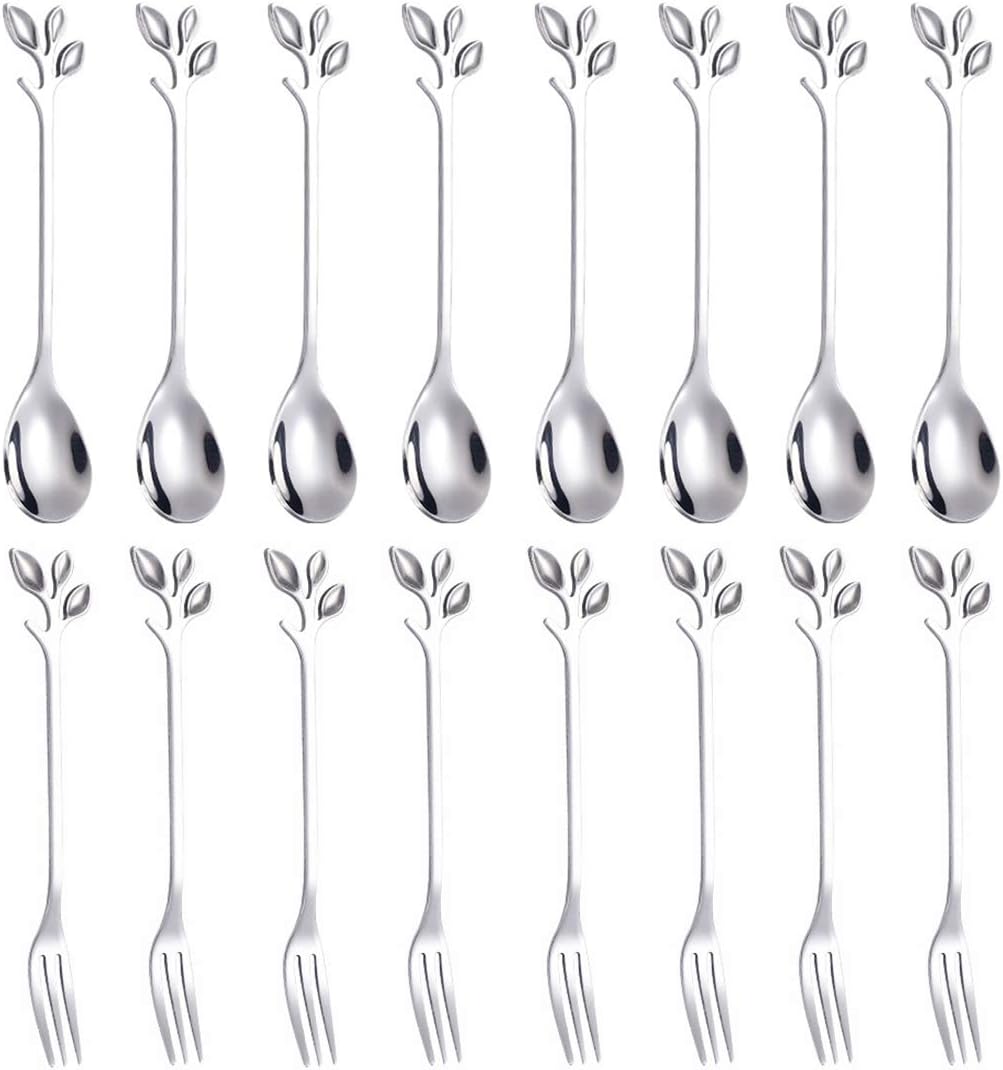 AnSaw 16 cucharas de café de hoja plateada y tenedores de postre, cubiertos de acero inoxidable de 4.7 pulgadas para té, aperitivos, degustación,