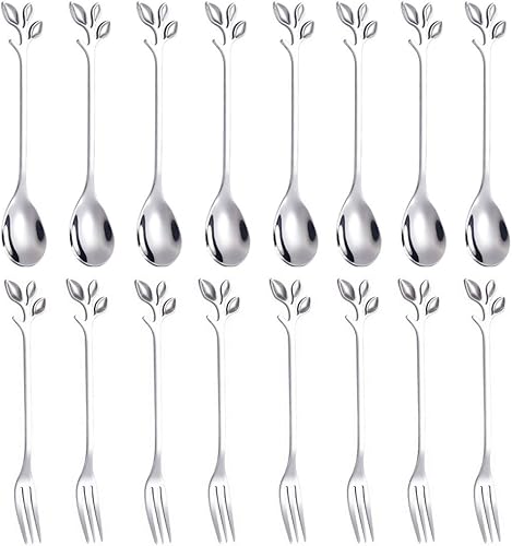 AnSaw 16 cucharas de café de hoja plateada y tenedores de postre, cubiertos de acero inoxidable de 4.7 pulgadas para té, aperitivos, degustación,