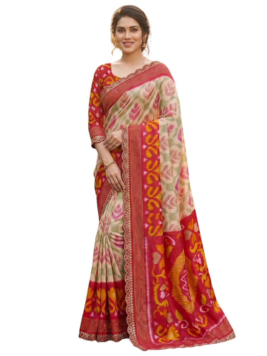peachmode Womens Ikkat Printed Dola Silk Saree with Unstitched Dola Silk Blouse Piece | Styliesh Latest Ladies Designer Sari Ethinc Wear New Fancy Sadi Trendy Sarees for Women Free Size-picture-43