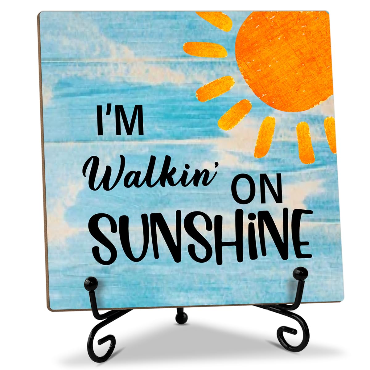 ZEDEV Sunshine Wooden Sign Desk Decor - I'm Walking on Sunshine Wood Plaque with Support Stand, Summer Beach Decorations for Home Office Farmhouse Shelf Desk Accessories, Vacation Summer Gifts -04