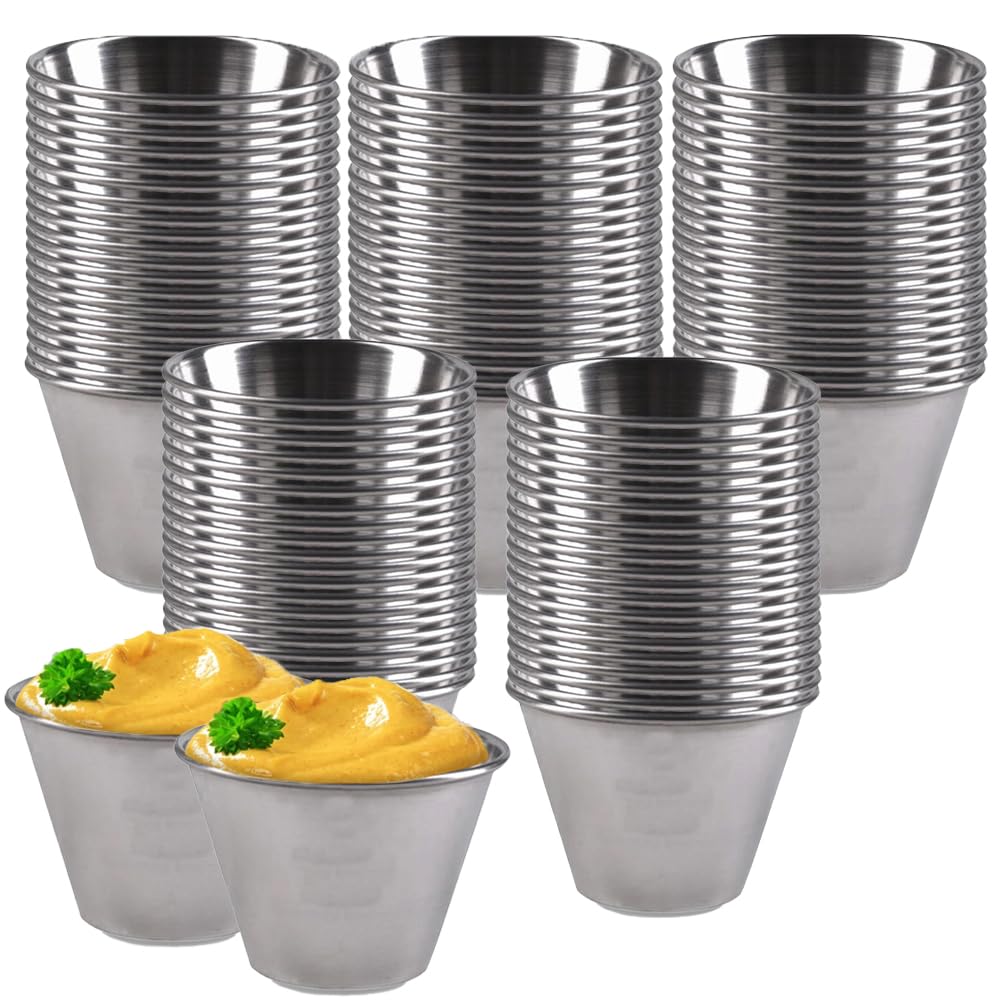 Lot de 100 grands ramequins à sauce en acier inoxydable | Format idéal de 2,5 oz (75 ml) pour les trempettes, le ketchup, les vinaigrettes et la restauration.