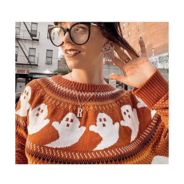 YEMOCILE Knitted Sweater for Women with Cute Ghost Pattern Gothic Streetwear with Long Sleeves for Girls Orange