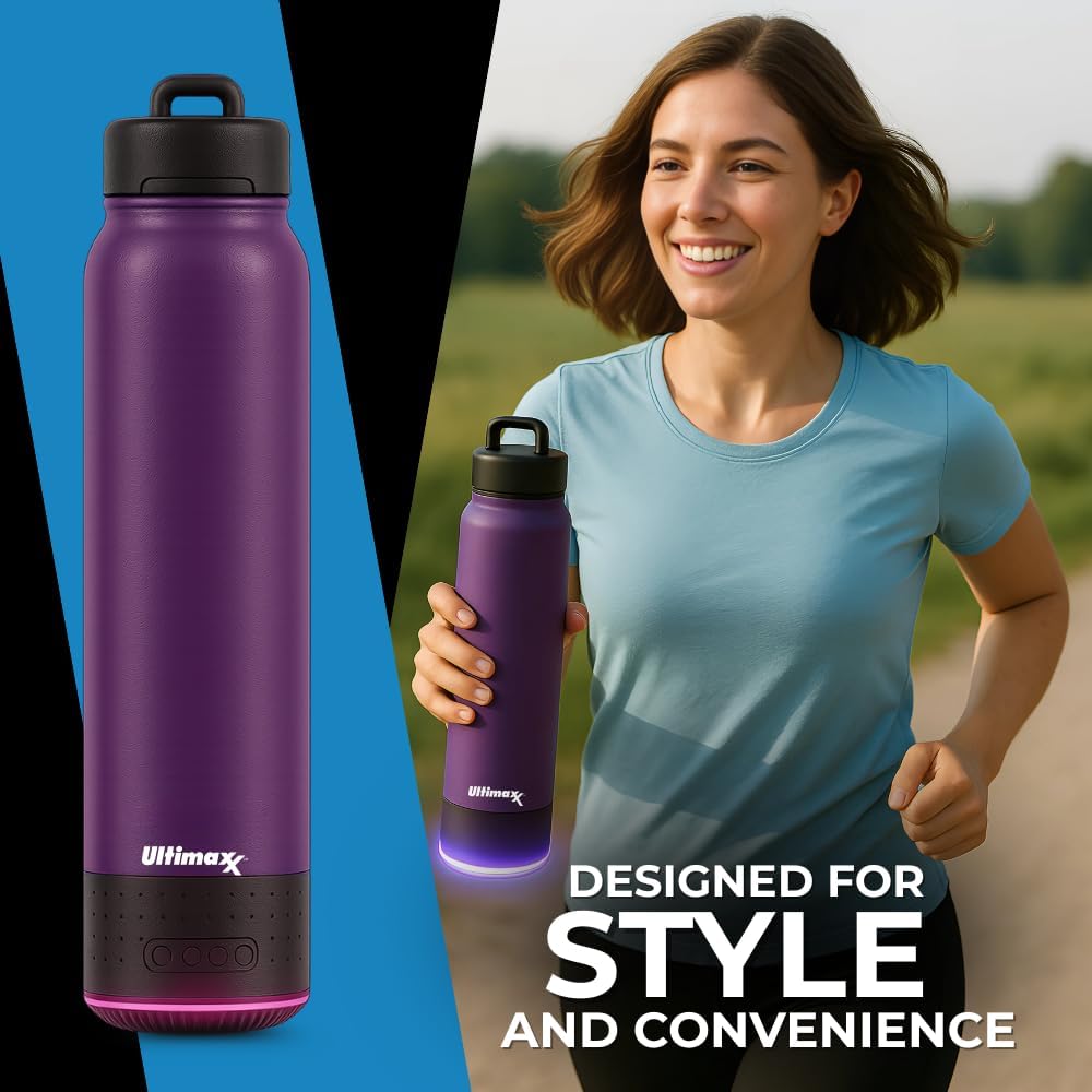 Ultimaxx Vacuum Insulated Premium Water Bottle with Rechargeable Bluetooth Speaker - Steel Double Wall Design + Lights, Convenient drinking spout, Lid Lock, and Carry Handle (700ml/23.6 oz) Purple