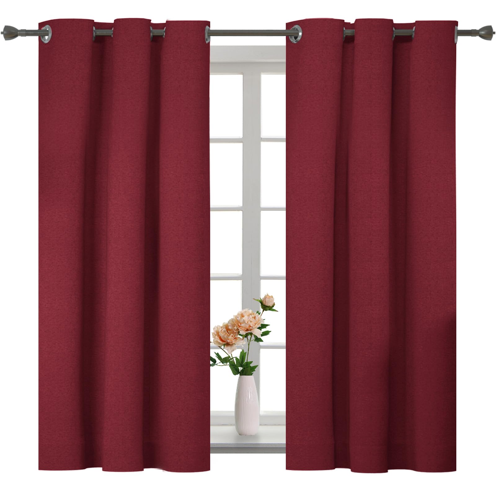 YSTELLAA Cortinas 100% Opacas para Dormitorio 2 Piezas, 117×137cm, Cortinas Salon Efecto Lino, Cortinas Termicas Aislantes Frio Y Calor, Blackout Acustica Curtains con Trabillas, Rojo