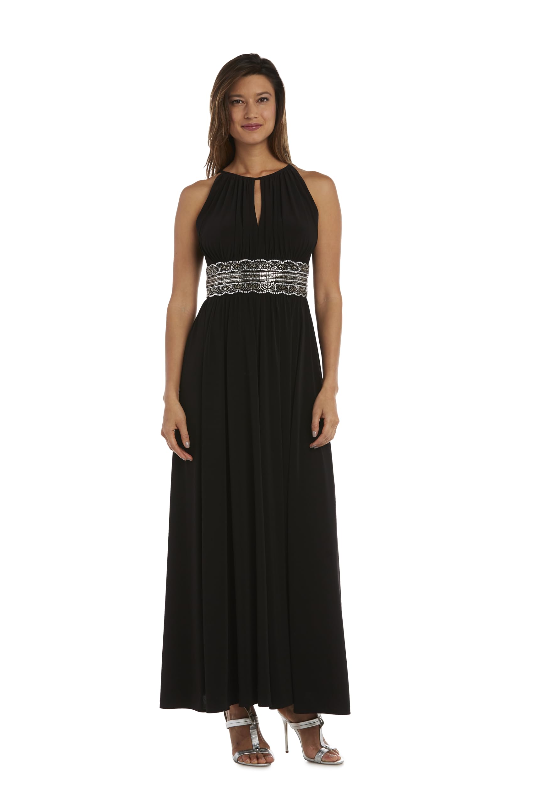 R&amp;M Richards Women's Halter Neck Dress W/Embellished Waistband &amp; Front Slit - Elegant Evening Occasion Maxi Gown