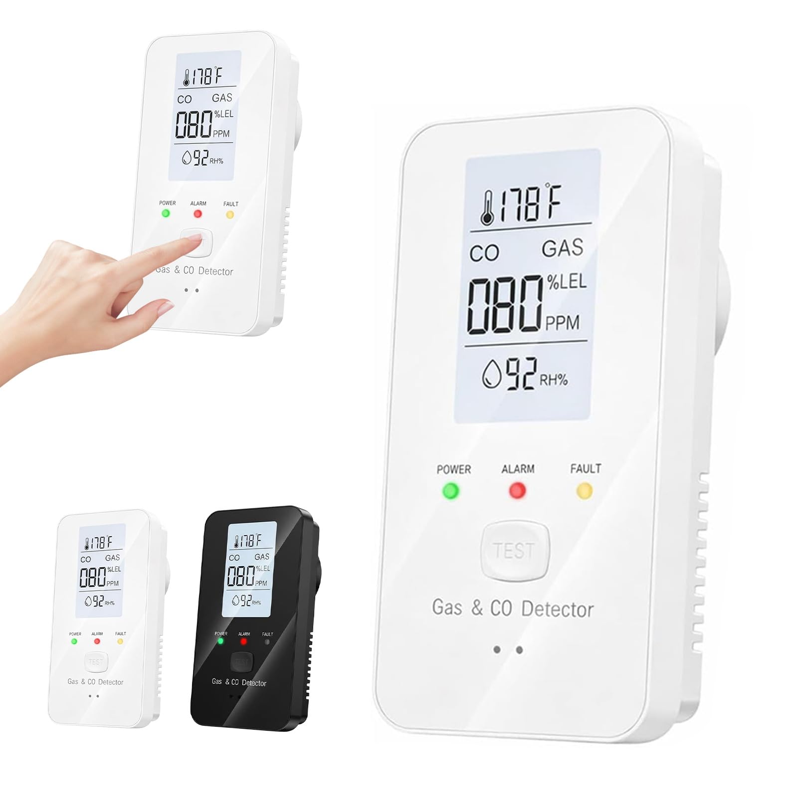 4-in-1 Gas Detector with LCD Screen - Plug-in Carbon Monoxide & Combustible Gas Alarm, Measures Temperature & Humidity, for Home, Apartment, Hotel, Camping RV (white)