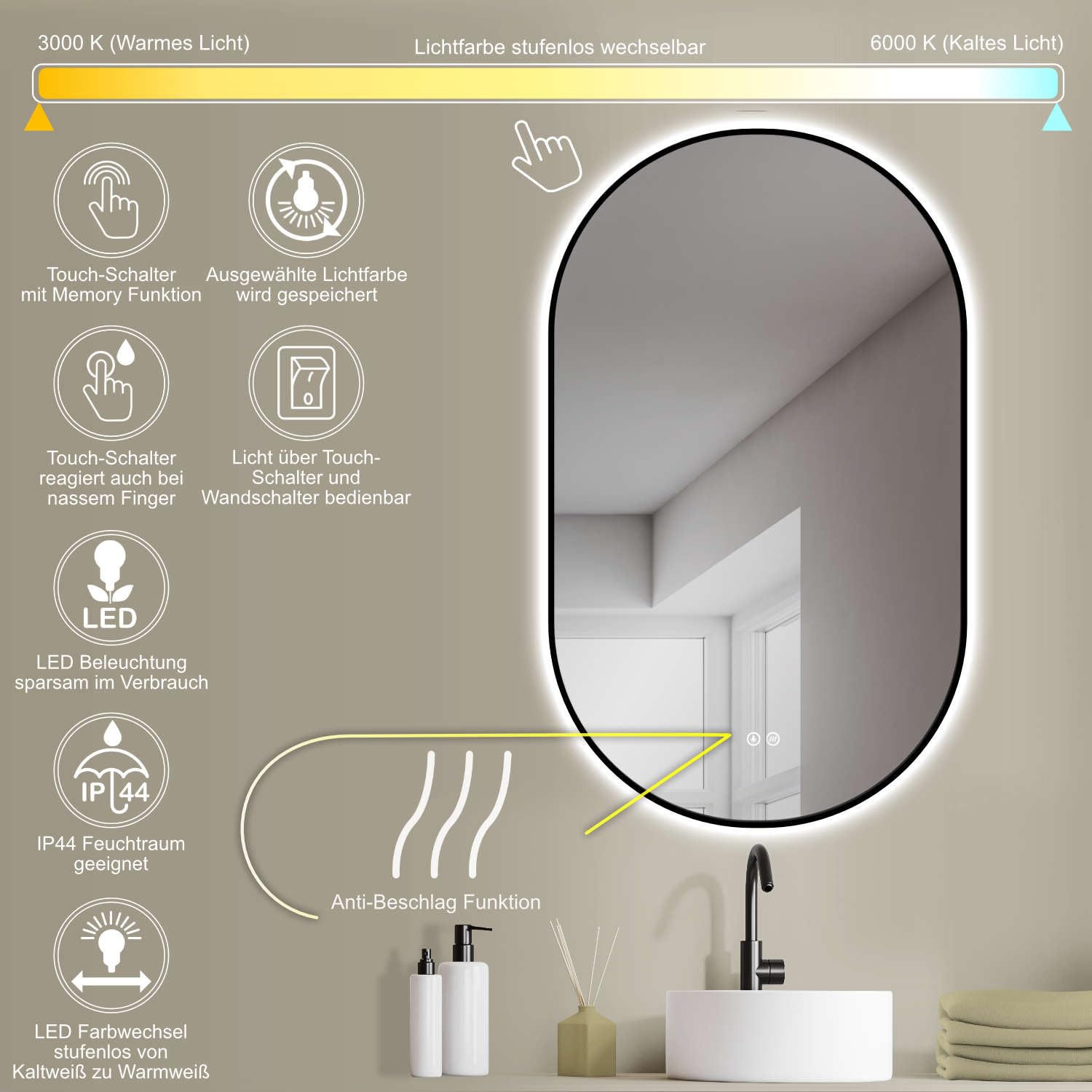 HOKO Led-badkamerspiegel R-50 x 70 cm met gouden frame, hoge en horizontale montage mogelijk,touch-sensor, lichtkleur verandering, warmwit-koudwit- neutraal