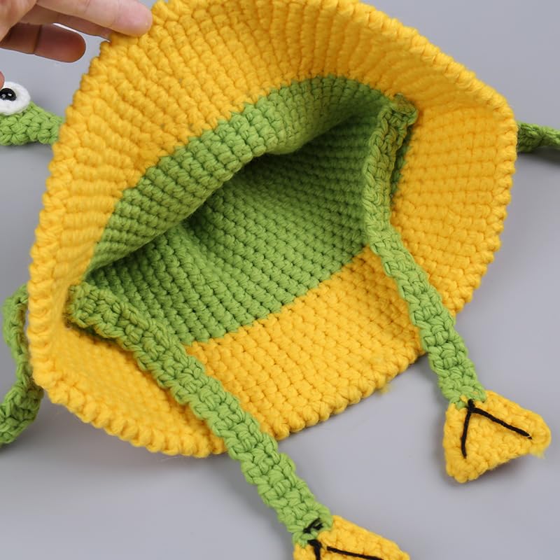 Funny Handmade Handwoven Cartoon Frog Crochete Hat for Music Festival Stylish Frog Fisherman Hat Green2